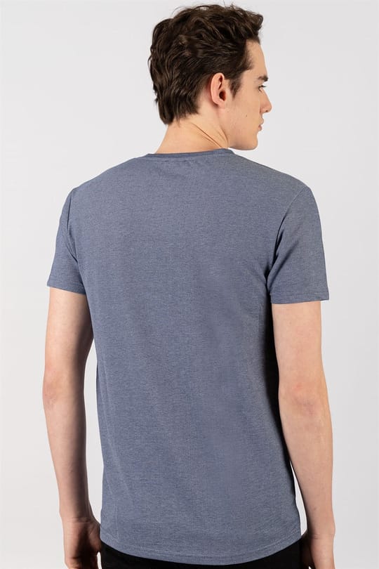 Erkek Slim Fit Dar Kesim Pamuklu Oxford İndigo V Yaka Tişört