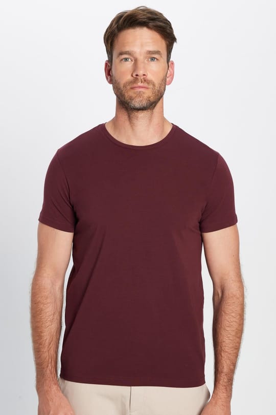 Erkek Slim Fit Dar Kesim Pamuklu Yumuşak Doku Likralı Esnek Kumaş Basic Bordo Bisiklet Yaka Tişört