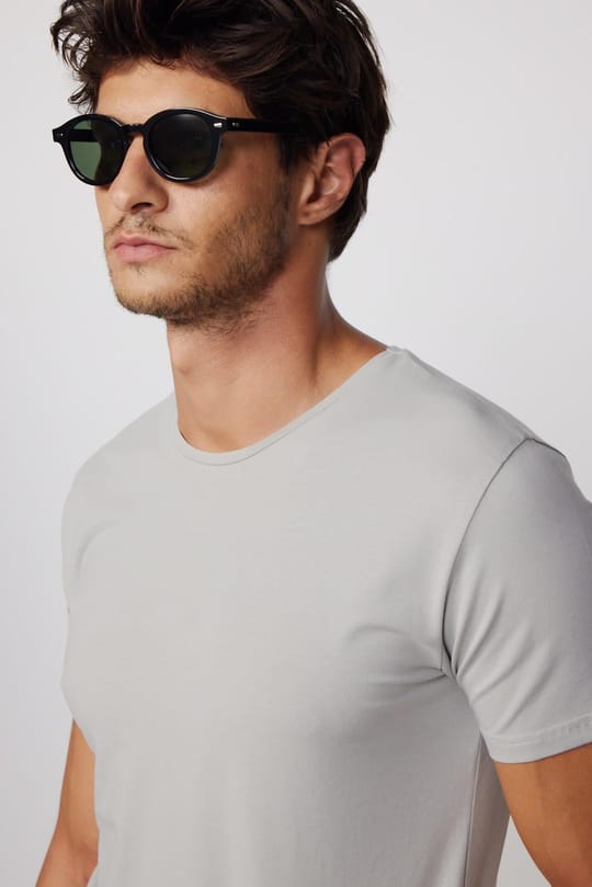 Erkek Slim Fit Dar Kesim Pamuklu Yumuşak Doku Likralı Esnek Kumaş Basic Gri Bisiklet Yaka Tişört