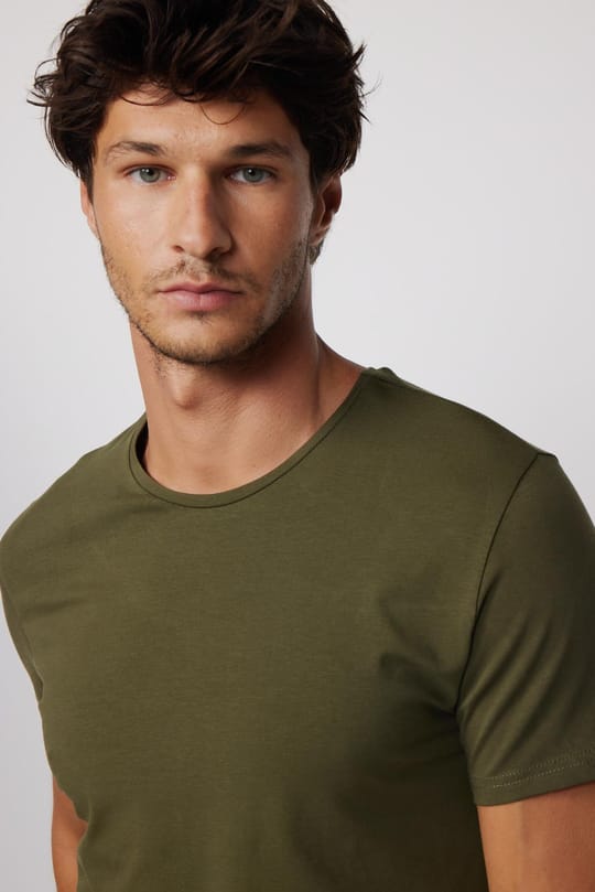 Slim Fit Bisiklet Yaka Düz Basıc Kısa Kol Haki T-Shirt