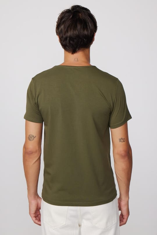 Erkek Slim Fit Dar Kesim Pamuklu Yumuşak Doku Likralı Esnek Kumaş Basic Haki Bisiklet Yaka Tişört