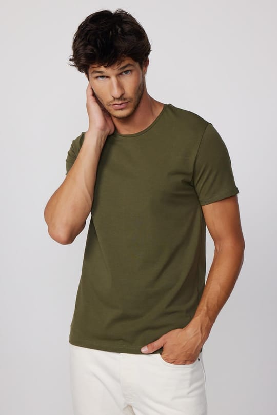Erkek Slim Fit Dar Kesim Pamuklu Yumuşak Doku Likralı Esnek Kumaş Basic Haki Bisiklet Yaka Tişört
