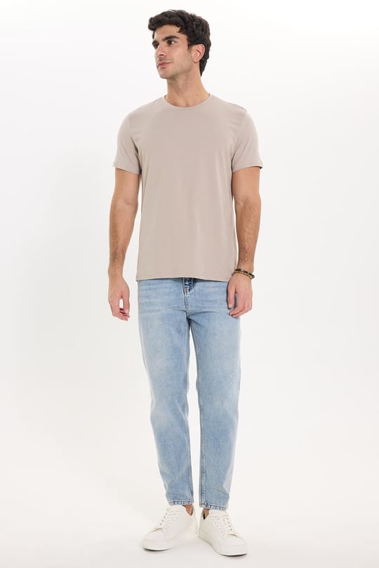 Erkek Slim Fit Dar Kesim Pamuklu Yumuşak Doku Likralı Esnek Kumaş Basic Bej Bisiklet Yaka Tişört