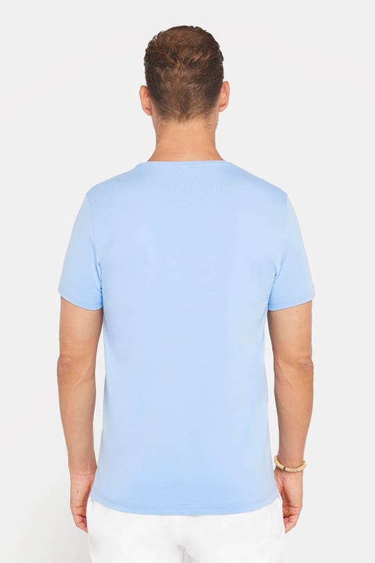 Erkek Slim Fit Dar Kesim Pamuklu Yumuşak Doku Likralı Esnek Kumaş Basic Mavi Bisiklet Yaka Tişört