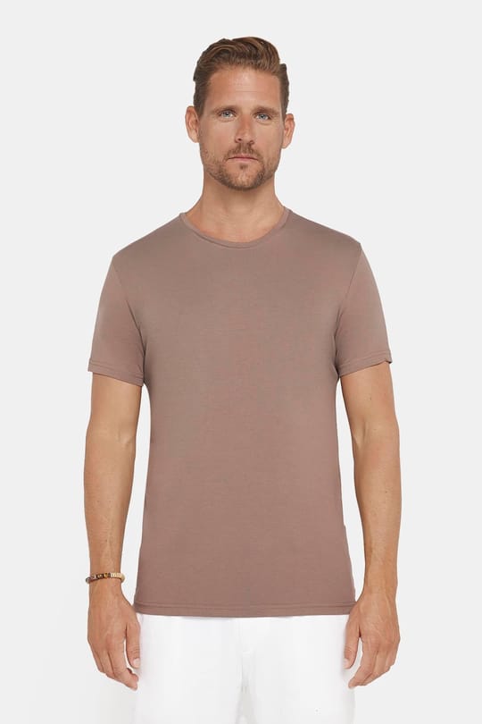 Erkek Slim Fit Dar Kesim Pamuklu Likralı Esnek Kumaş Basic Kahverengi Bisiklet Yaka Tişört