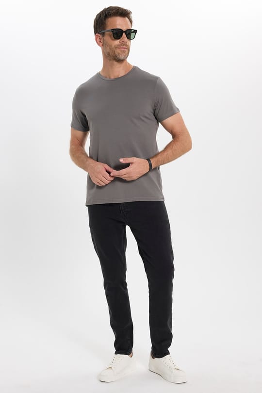Erkek Slim Fit Dar Kesim Pamuklu Yumuşak Doku Esnek Kumaş Basic Gri Bisiklet Yaka Tişört