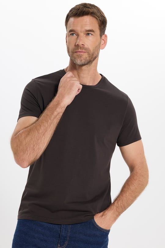 Erkek Slim Fit Dar Kesim Pamuklu Yumuşak Doku Esnek Kumaş Basic Kahverengi Bisiklet Yaka Tişört