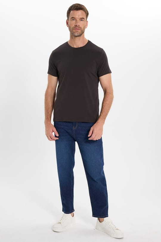 Erkek Slim Fit Dar Kesim Pamuklu Yumuşak Doku Esnek Kumaş Basic Kahverengi Bisiklet Yaka Tişört