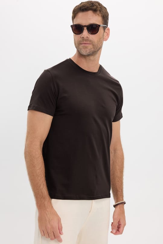 Erkek Slim Fit Dar Kesim Pamuklu Yumuşak Doku Esnek Kumaş Basic Kahverengi Bisiklet Yaka Tişört