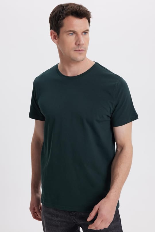 Erkek Slim Fit Dar Kesim Pamuklu Yumuşak Doku Likralı Esnek Kumaş Basic Koyu Yeşil Bisiklet Yaka Tişört