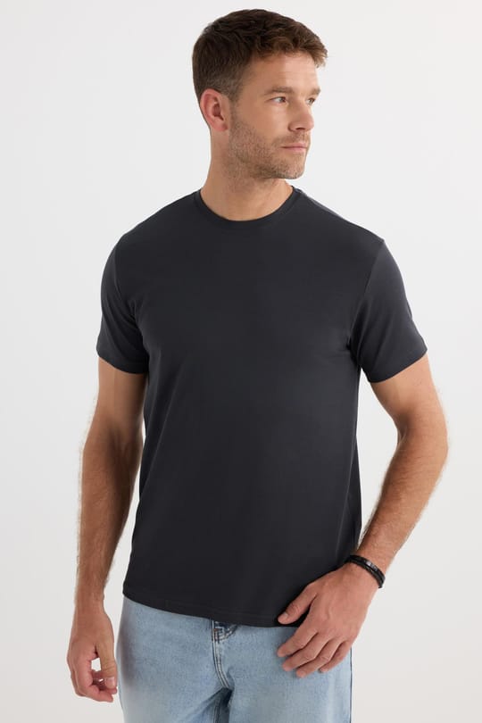 Erkek Slim Fit Dar Kesim Pamuklu Yumuşak Doku Likralı Esnek Kumaş Basic Gri Bisiklet Yaka Tişört