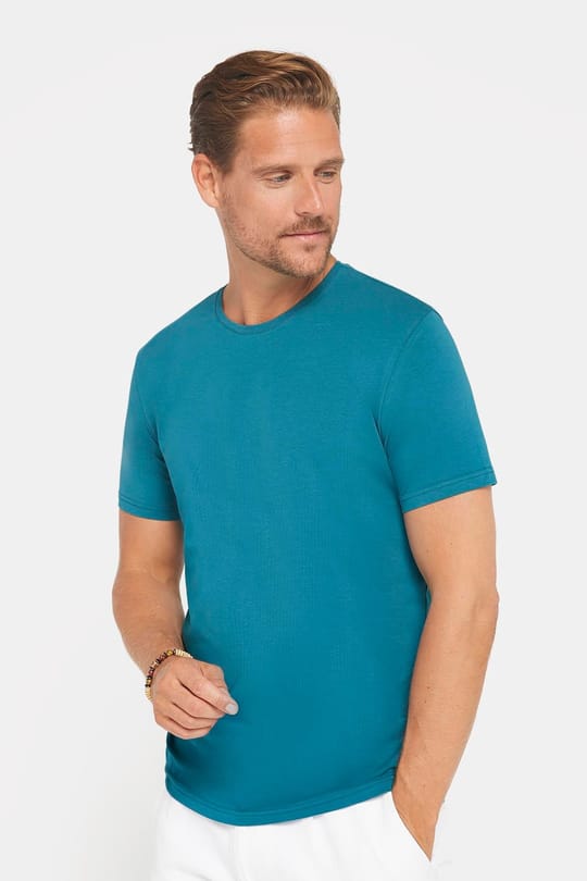 Erkek Slim Fit Dar Kesim Pamuklu Yumuşak Doku Likralı Esnek Kumaş Basic Petrol Bisiklet Yaka Tişört