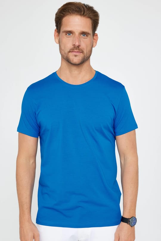 Erkek Slim Fit Dar Kesim Pamuklu Yumuşak Dokulu Esnek Kumaş Düz Basic Turkuaz Bisiklet Yaka Tişört
