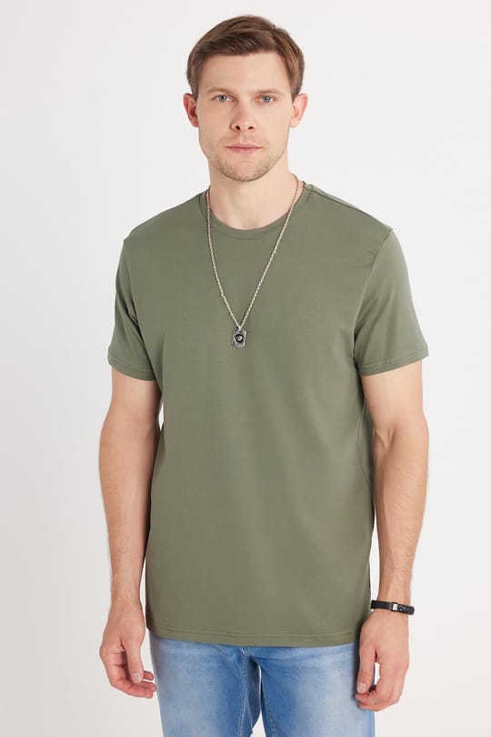 Erkek Slim Fit Dar Kesim Pamuklu Yumuşak Doku Likralı Esnek Kumaş Basic Yeşil Bisiklet Yaka Tişört