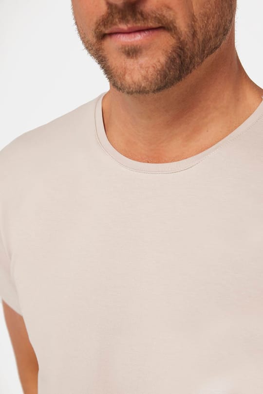 Erkek Slim Fit Dar Kesim Pamuklu Likralı Esnek Kumaş Basic Taş Renk Bisiklet Yaka Tişört