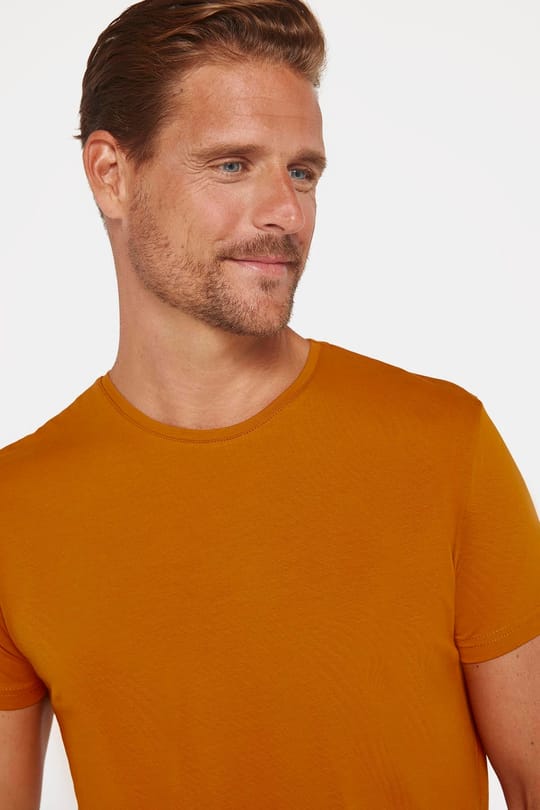 Erkek Slim Fit Dar Kesim Pamuklu Yumuşak Doku Likralı Esnek Kumaş Basic Taba Bisiklet Yaka Tişört