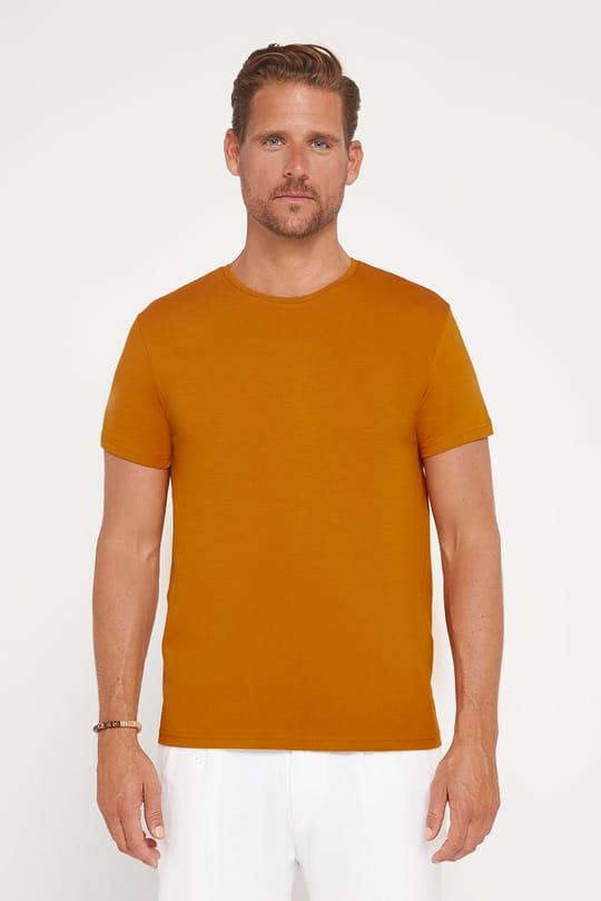 Erkek Slim Fit Dar Kesim Pamuklu Yumuşak Doku Likralı Esnek Kumaş Basic Taba Bisiklet Yaka Tişört