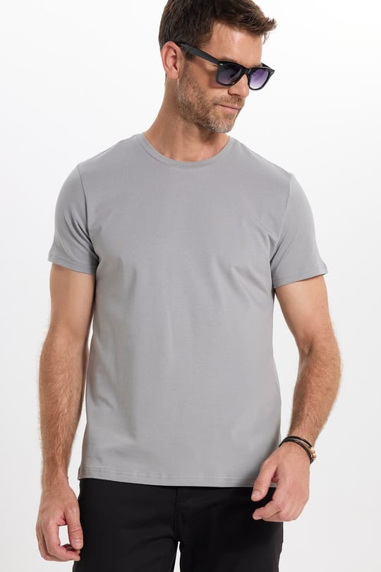 Erkek Slim Fit Dar Kesim Pamuklu Yumuşak Doku Esnek Kumaş Basic Gri Bisiklet Yaka Tişört