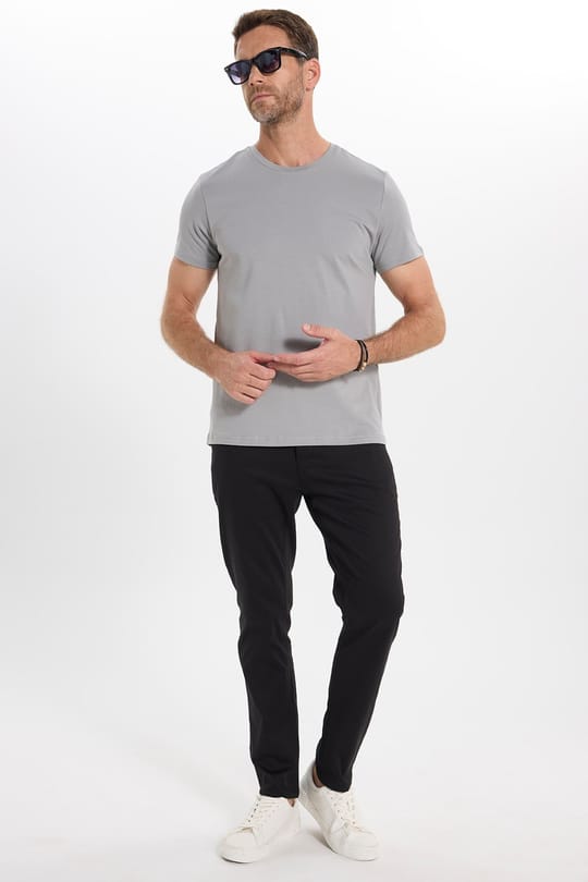 Erkek Slim Fit Dar Kesim Pamuklu Yumuşak Doku Esnek Kumaş Basic Gri Bisiklet Yaka Tişört