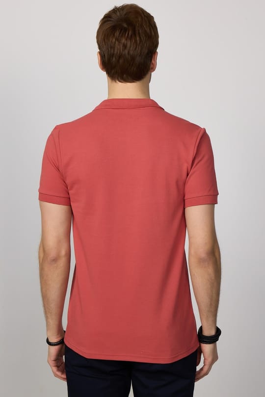 Erkek Slim Fit Dar Kesim %100 Pamuk Düz Pike Kiremit Renk Polo Yaka Tişört