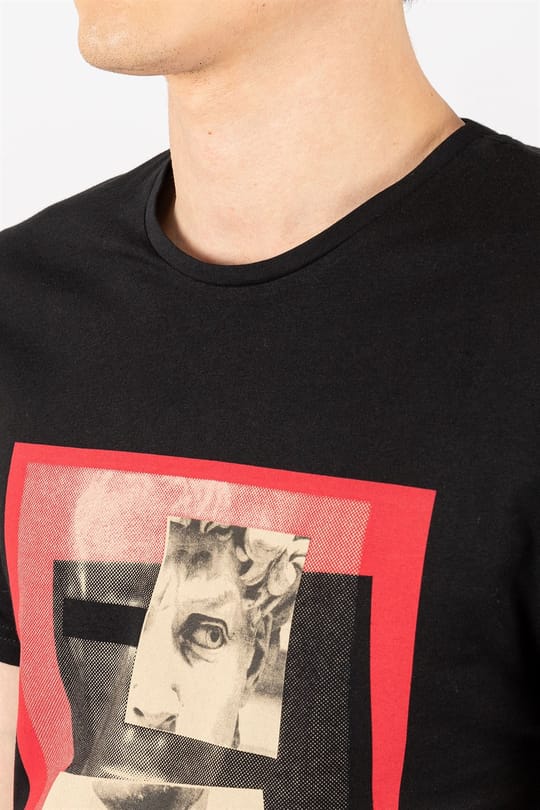 Erkek Slim Fit Dar Kesim %100 Pamuk Yumuşak Dokulu Baskılı Siyah Bisiklet Yaka Tişört