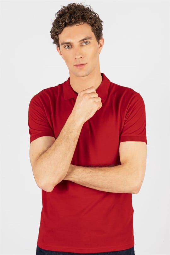 Erkek Slim Fit Dar Kesim %100 Pamuk Düz Pike Kırmızı Polo Yaka Tişört