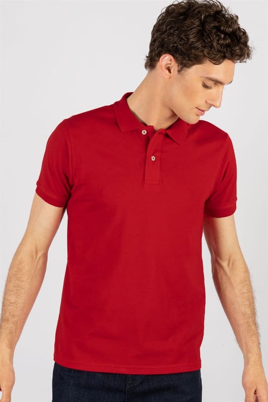 Erkek Slim Fit Dar Kesim %100 Pamuk Düz Pike Kırmızı Polo Yaka Tişört