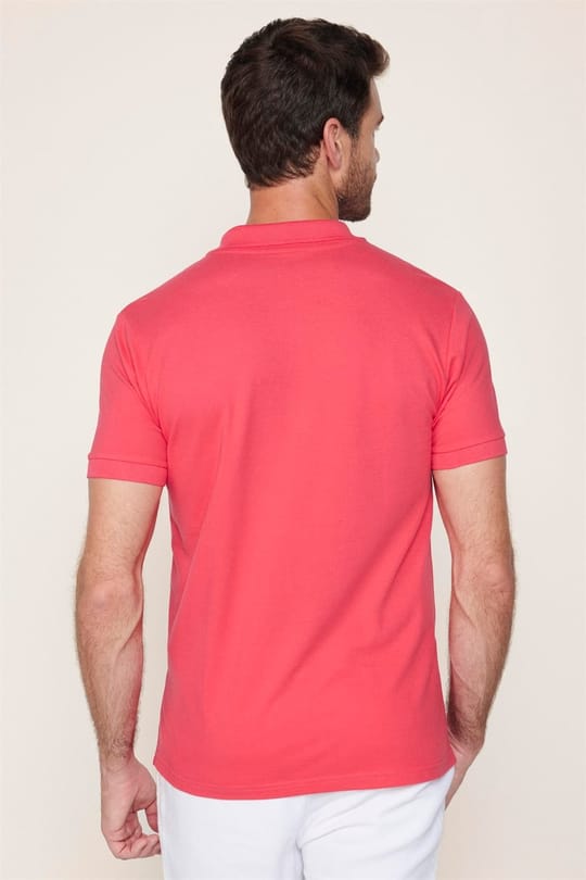Erkek Slim Fit Dar Kesim %100 Pamuk Düz Pike Pembe Polo Yaka Tişört