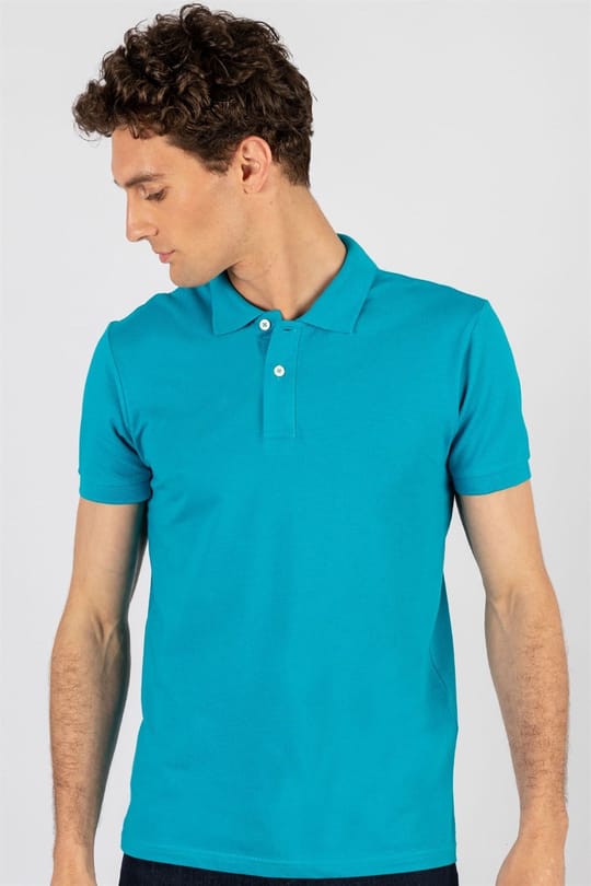Erkek Slim Fit Dar Kesim %100 Pamuk Düz Pike Turkuaz Polo Yaka Tişört