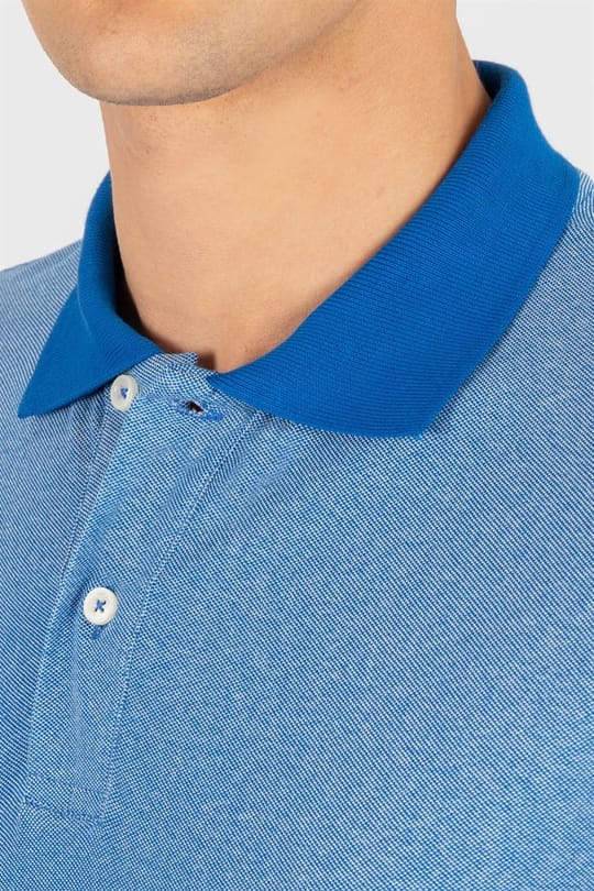 Erkek Slim Fit Dar Kesim Pamuklu Düz Pike Mavi Polo Yaka Tişört