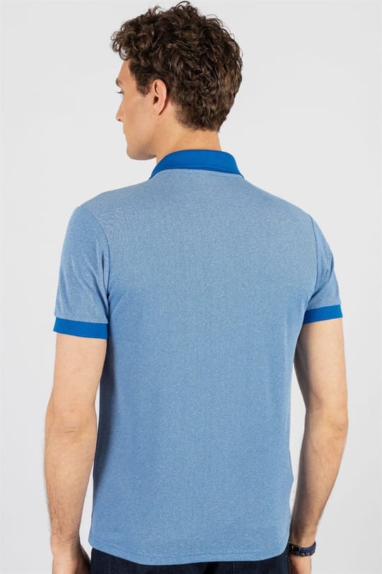 Erkek Slim Fit Dar Kesim Pamuklu Düz Pike Mavi Polo Yaka Tişört