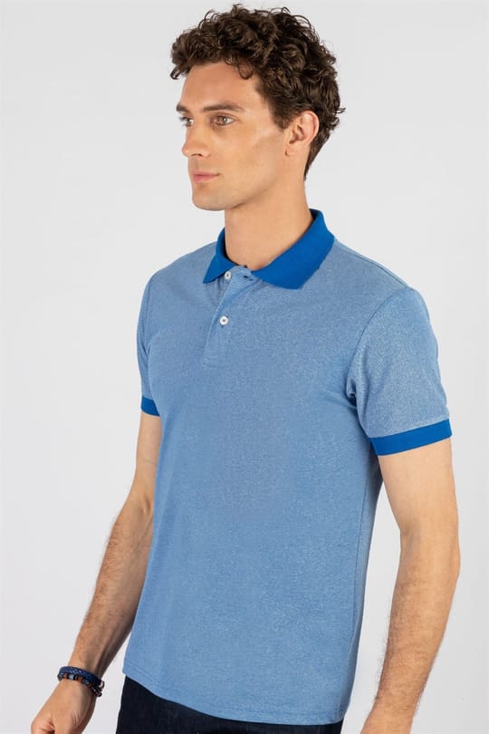Erkek Slim Fit Dar Kesim Pamuklu Düz Pike Mavi Polo Yaka Tişört