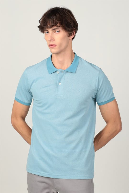 Erkek Slim Fit Dar Kesim Pamuklu Düz Pike Turkuaz Polo Yaka Tişört