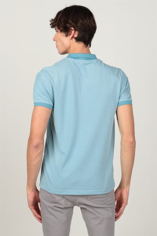 Erkek Slim Fit Dar Kesim Pamuklu Düz Pike Turkuaz Polo Yaka Tişört