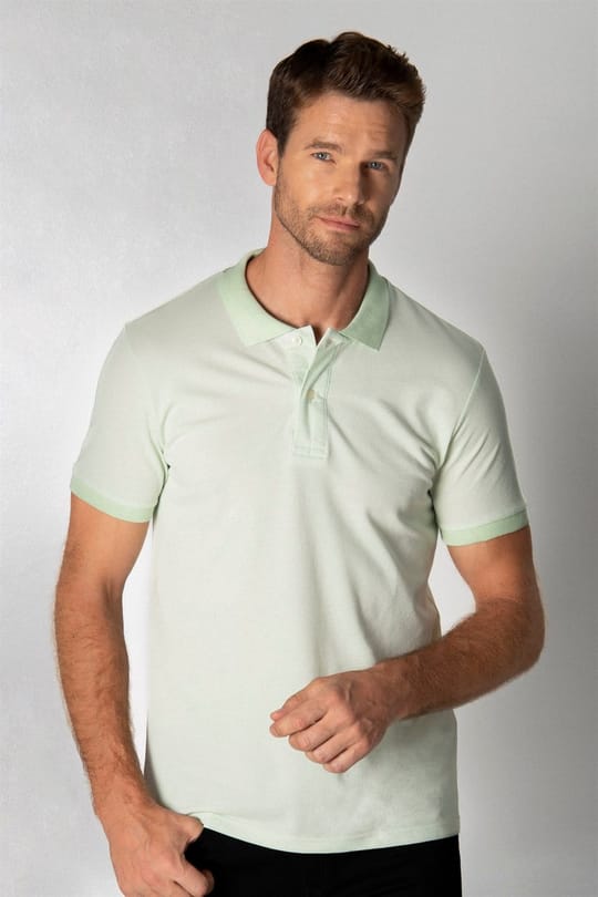 Erkek Slim Fit Dar Kesim Pamuklu Düz Pike Yeşil Polo Yaka Tişört