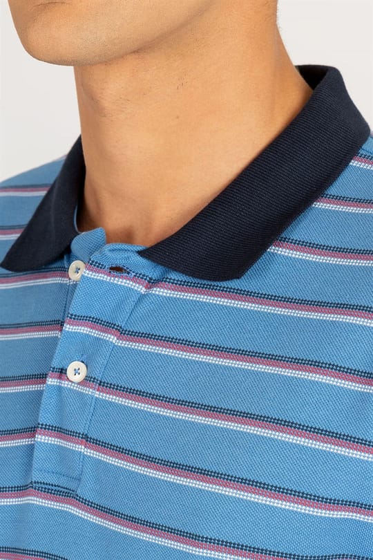 Erkek Slim Fit Dar Kesim %100 Pamuk Çizgili Pike Mavi Polo Yaka Tişört