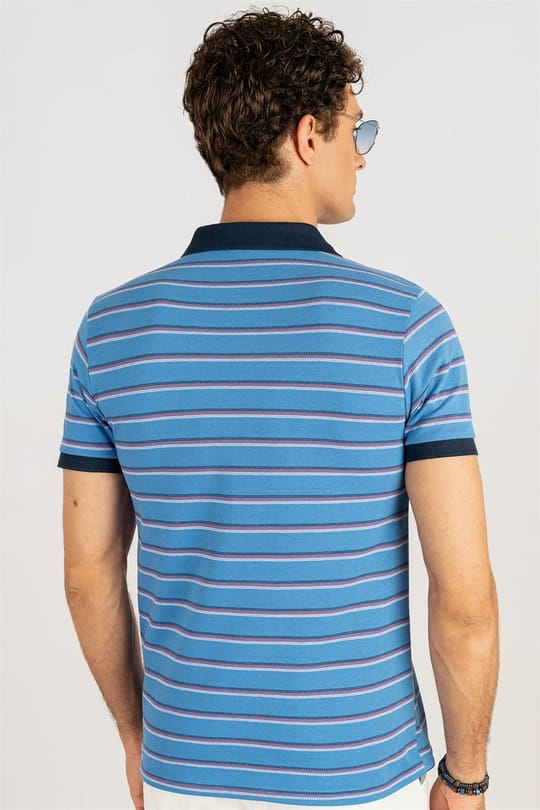 Erkek Slim Fit Dar Kesim %100 Pamuk Çizgili Pike Mavi Polo Yaka Tişört