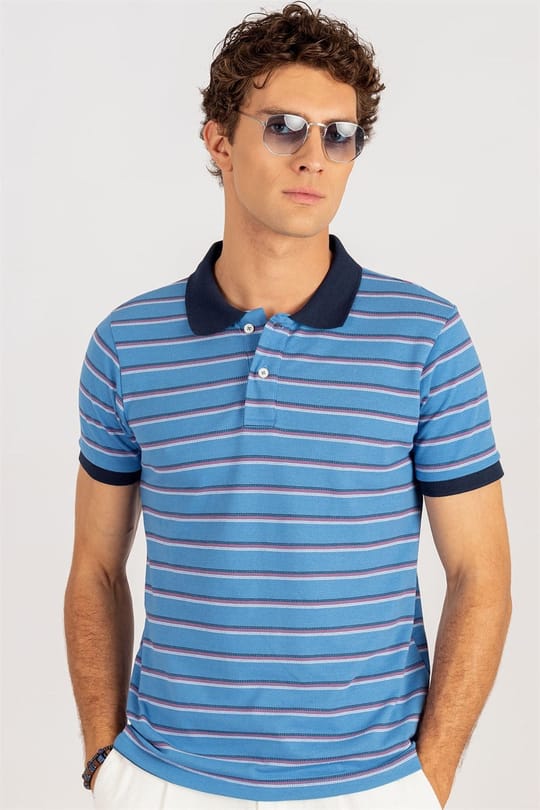 Erkek Slim Fit Dar Kesim %100 Pamuk Çizgili Pike Mavi Polo Yaka Tişört
