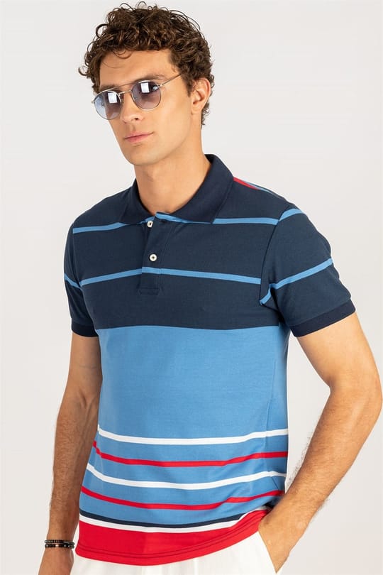 Erkek Slim Fit Dar Kesim %100 Pamuk Çizgili Pike Polo Yaka Tişört