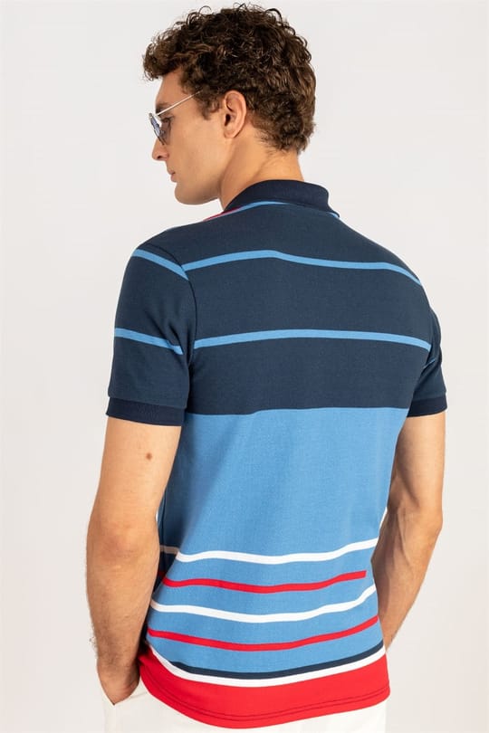 Erkek Slim Fit Dar Kesim %100 Pamuk Çizgili Pike Polo Yaka Tişört
