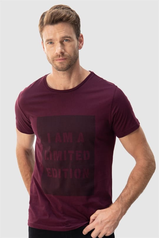 Erkek Slim Fit Dar Kesim %100 Pamuk Yumuşak Dokulu Baskılı Bordo Bisiklet Yaka Tişört