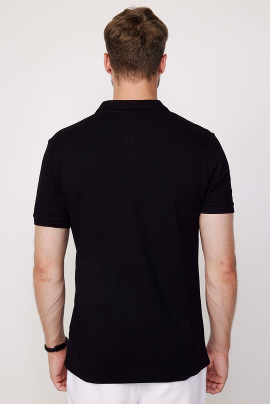 Erkek Slim Fit Dar Kesim %100 Pamuk Düz Pike Siyah Polo Yaka Tişört