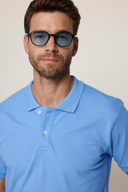 Erkek Slim Fit Dar Kesim %100 Pamuk Düz Pike Mavi Polo Yaka Tişört