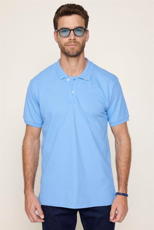 Erkek Slim Fit Dar Kesim %100 Pamuk Düz Pike Mavi Polo Yaka Tişört