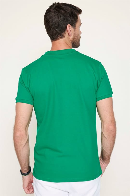 Erkek Slim Fit Dar Kesim %100 Pamuk Düz Pike Yeşil Polo Yaka Tişört