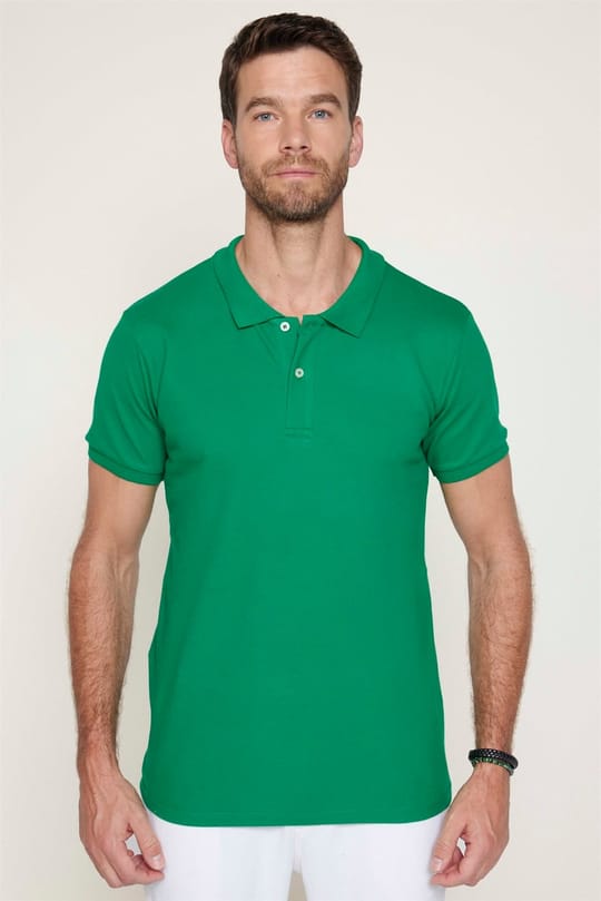 Erkek Slim Fit Dar Kesim %100 Pamuk Düz Pike Yeşil Polo Yaka Tişört