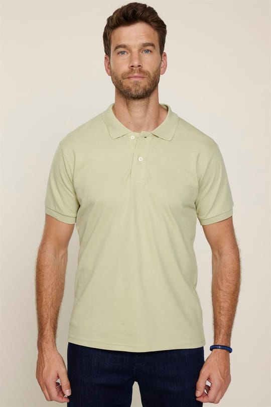 Erkek Slim Fit Dar Kesim %100 Pamuk Düz Pike Yeşil Polo Yaka Tişört