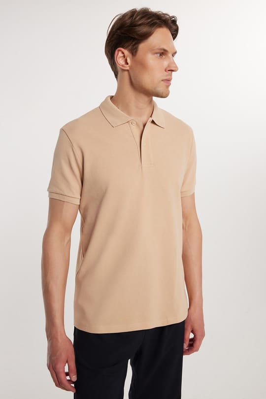 Erkek Slim Fit Dar Kesim %100 Pamuk Düz Pike Taş Renk Polo Yaka Tişört