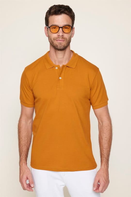 Erkek Slim Fit Dar Kesim %100 Pamuk Düz Pike Kiremit Renk Polo Yaka Tişört