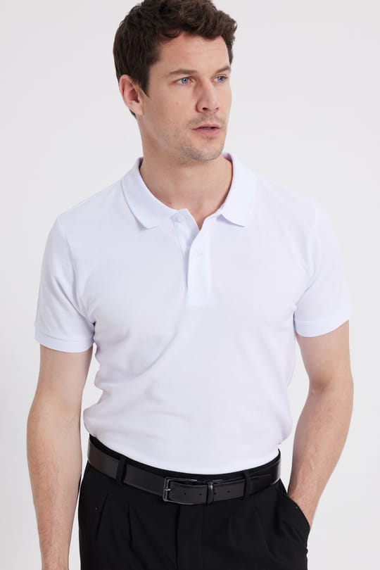 Erkek Slim Fit Dar Kesim %100 Pamuk Düz Pike Beyaz Polo Yaka Tişört